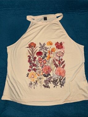 SHEIN Cream Halter Tank Top with Red Orange Yellow Floral Print